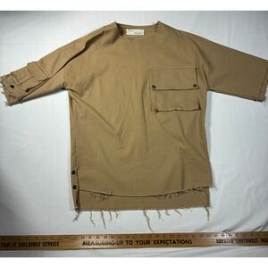 Off-White Virgil Abloh 2019 Main Label Tan Utility Cargo Shirt Frayed Hem XL